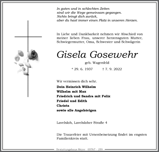 Traueranzeige von Gisela Gosewehr von Westfalen-Blatt