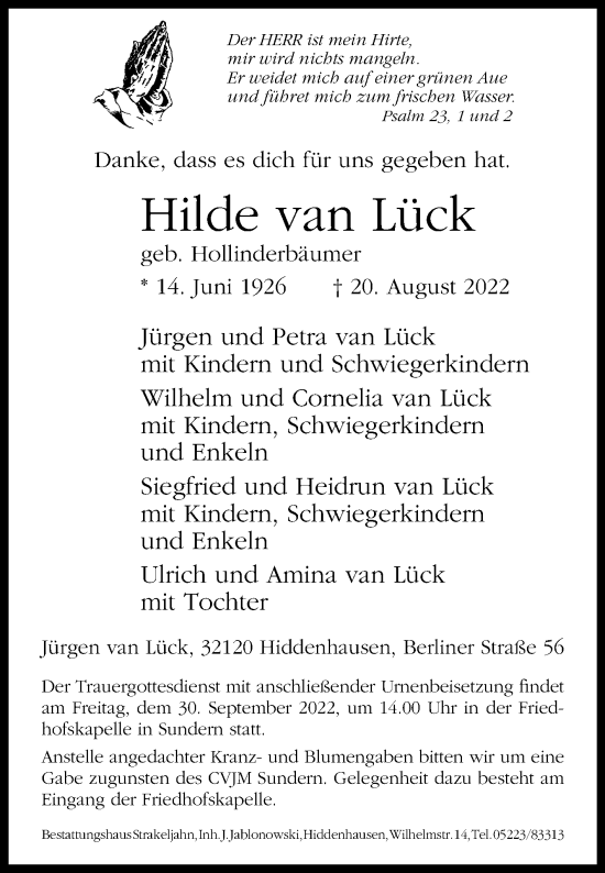 Traueranzeige von Hilde van Lück von Westfalen-Blatt