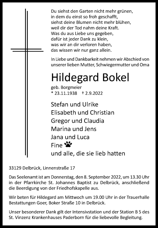 Traueranzeige von Hildegard Bokel von Westfalen-Blatt