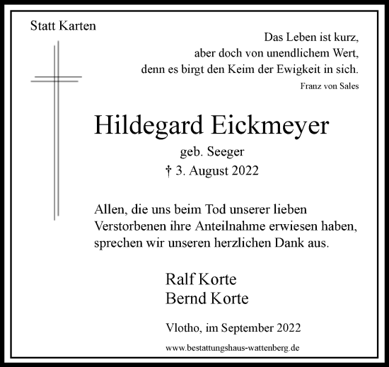 Traueranzeige von Hildegard Eickmeyer von Westfalen-Blatt