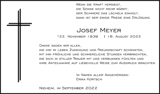 Traueranzeige von Josef Meyer von Westfalen-Blatt