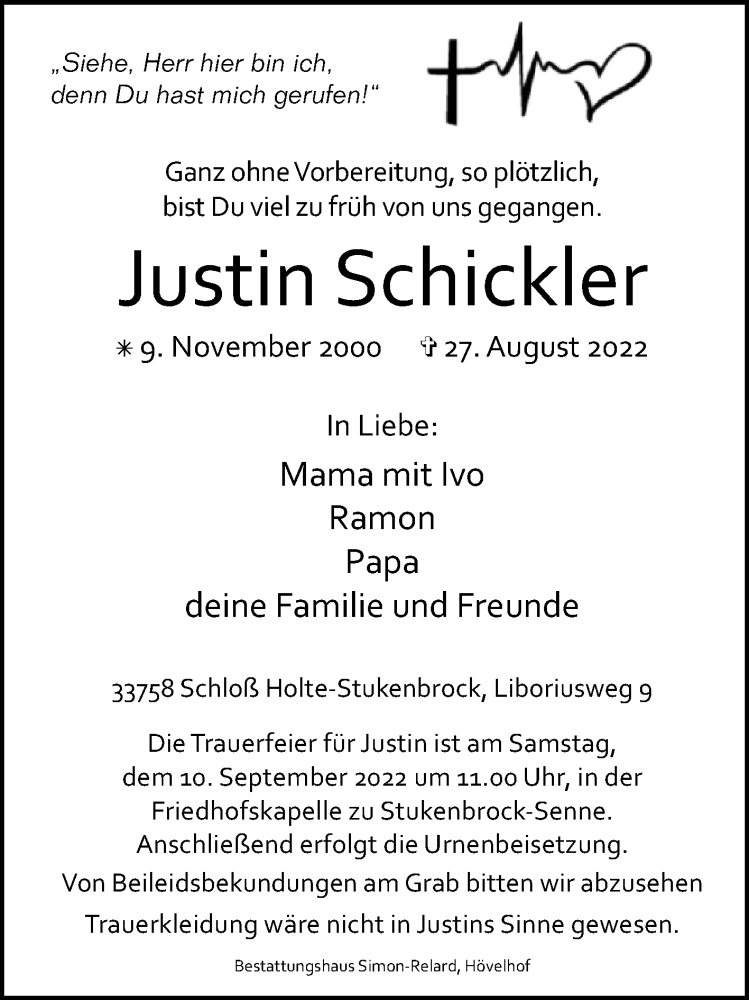  Traueranzeige für Justin Schickler vom 03.09.2022 aus Westfalen-Blatt