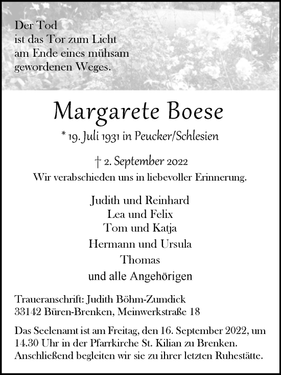 Traueranzeige von Margarete Boese von Westfalen-Blatt