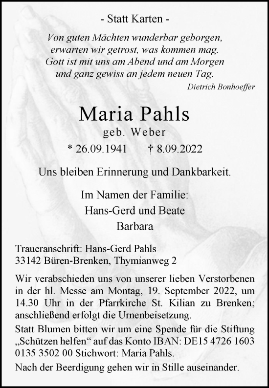 Traueranzeige von Maria Pahls von Westfalen-Blatt