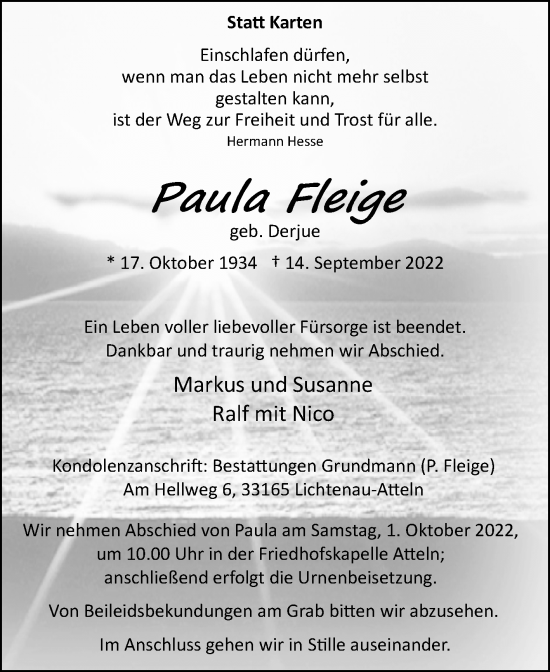 Traueranzeige von Paula Fleige von Westfalen-Blatt