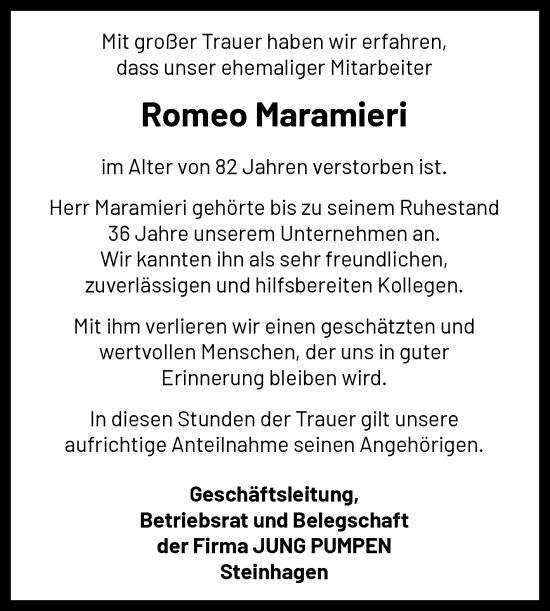 Traueranzeige von Romeo Maramieri von Westfalen-Blatt