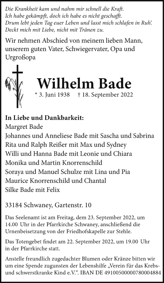 Traueranzeige von Wilhelm Bade von Westfalen-Blatt