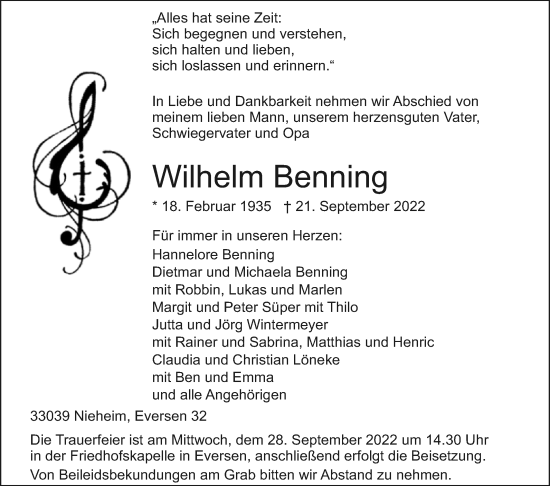 Traueranzeige von Wilhelm Benning von Westfalen-Blatt