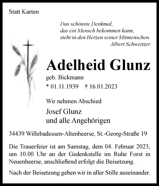 Traueranzeige von Adelheid Glunz von Westfalen-Blatt