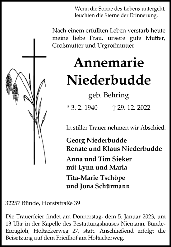 Traueranzeige von Annemarie Niederbudde von Westfalen-Blatt