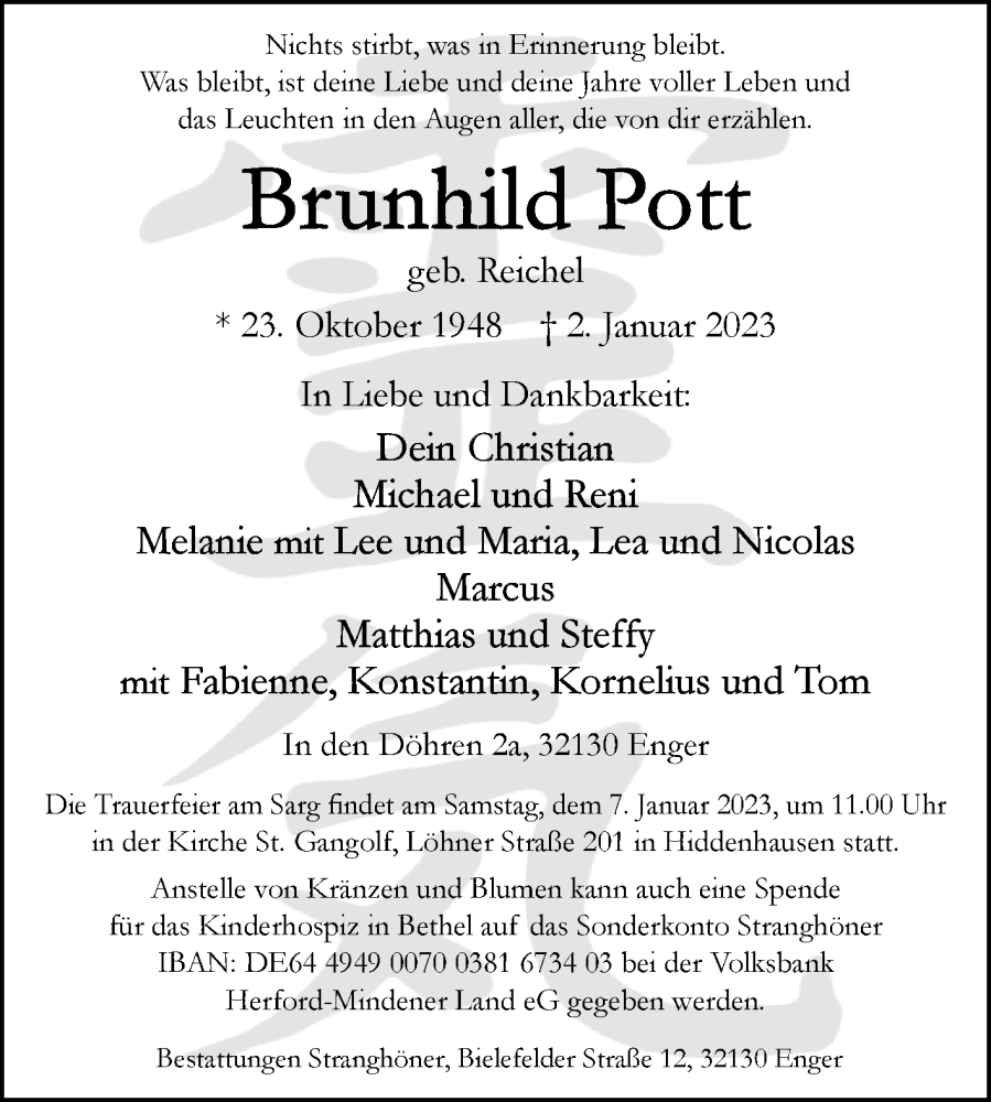  Traueranzeige für Brunhild Pott vom 05.01.2023 aus Westfalen-Blatt