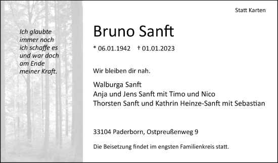 Traueranzeige von Bruno Sanft von Westfalen-Blatt