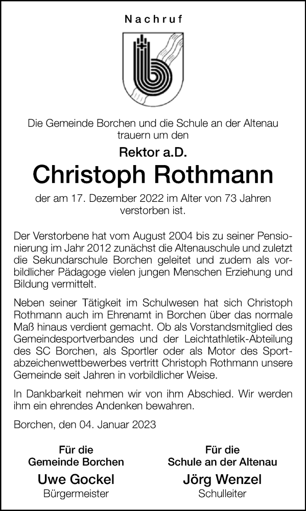  Traueranzeige für Christoph Rothmann vom 04.01.2023 aus Westfalen-Blatt