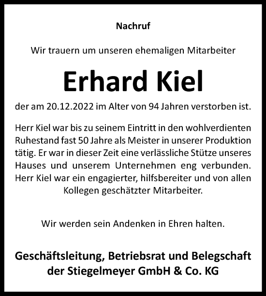 Traueranzeige von Erhard Kiel von Westfalen-Blatt