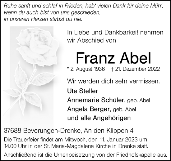 Traueranzeige von Franz Abel von Westfalen-Blatt