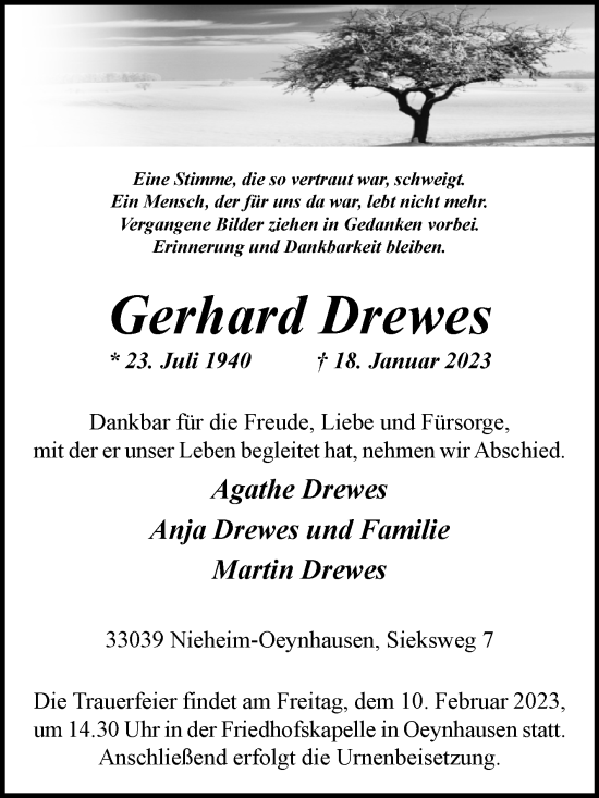 Traueranzeige von Gerhard Drewes von Westfalen-Blatt