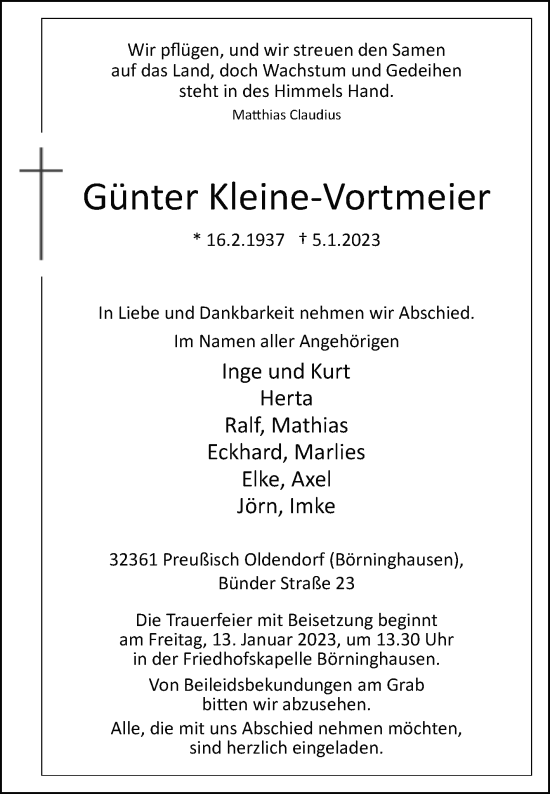 Traueranzeige von Günter Kleine-Vortmeier von Westfalen-Blatt