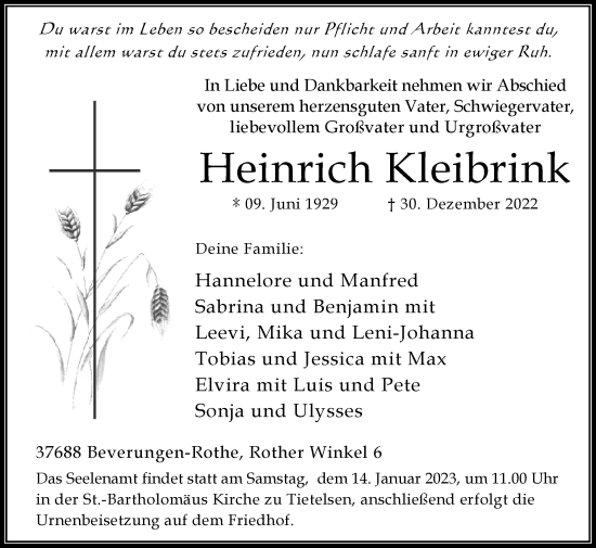 Traueranzeige von Heinrich Kleibrink von Westfalen-Blatt