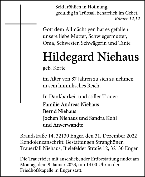 Traueranzeige von Hildegard Niehaus von Westfalen-Blatt