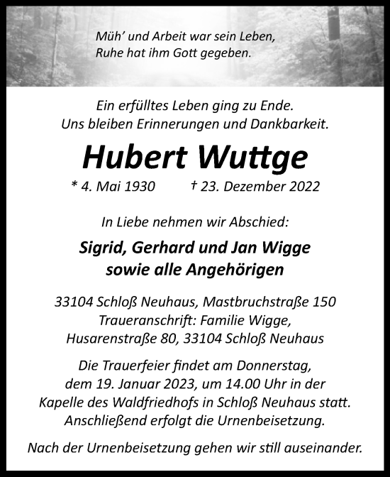 Traueranzeige von Hubert Wuttge von Westfalen-Blatt