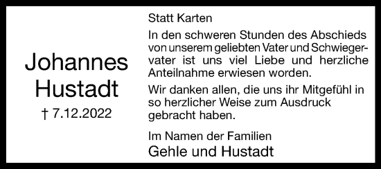 Traueranzeige von Johannes Hustadt von Westfalen-Blatt