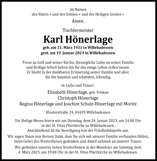 Traueranzeige von Karl Hönerlage von Westfalen-Blatt