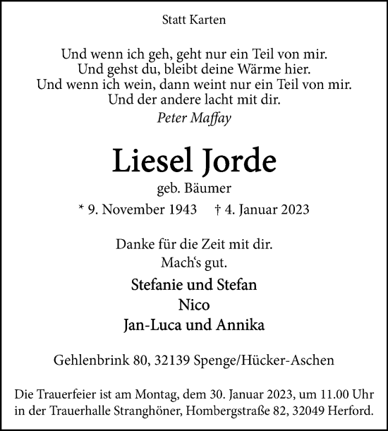 Traueranzeige von Liesel Jorde von Westfalen-Blatt