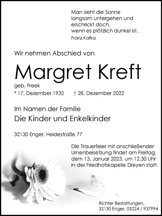 Traueranzeige von Margret Kreft von Westfalen-Blatt