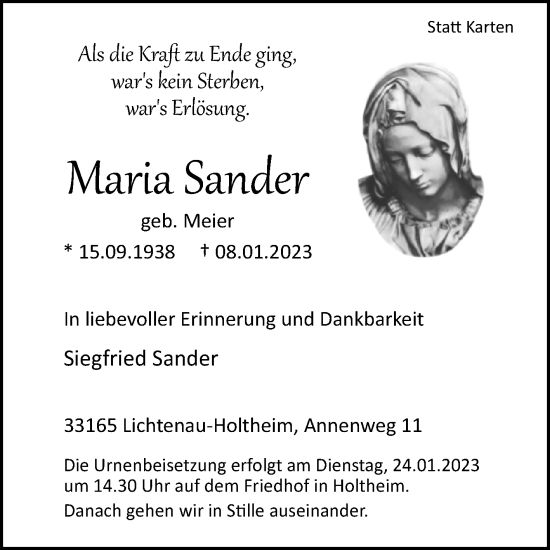 Traueranzeige von Maria Sander von Westfalen-Blatt