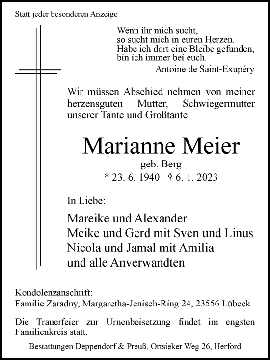 Traueranzeige von Marianne Meier von Westfalen-Blatt