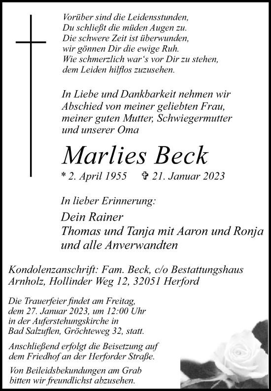 Traueranzeige von Marlies Beck von Westfalen-Blatt