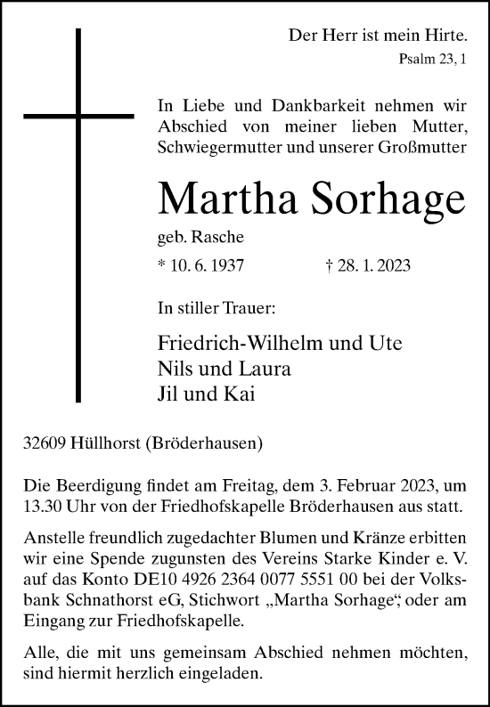 Traueranzeige von Martha Sorhage von Westfalen-Blatt