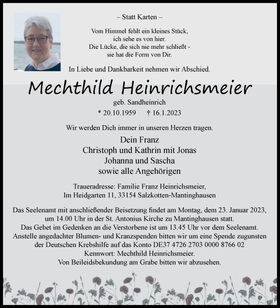 Traueranzeige von Mechthild Heinrichsmeier von Westfalen-Blatt