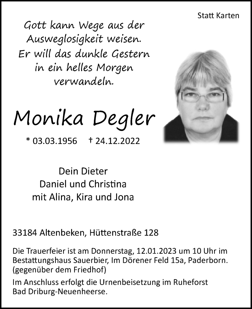  Traueranzeige für Monika Degler vom 07.01.2023 aus Westfalen-Blatt