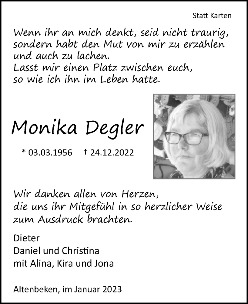  Traueranzeige für Monika Degler vom 28.01.2023 aus Westfalen-Blatt