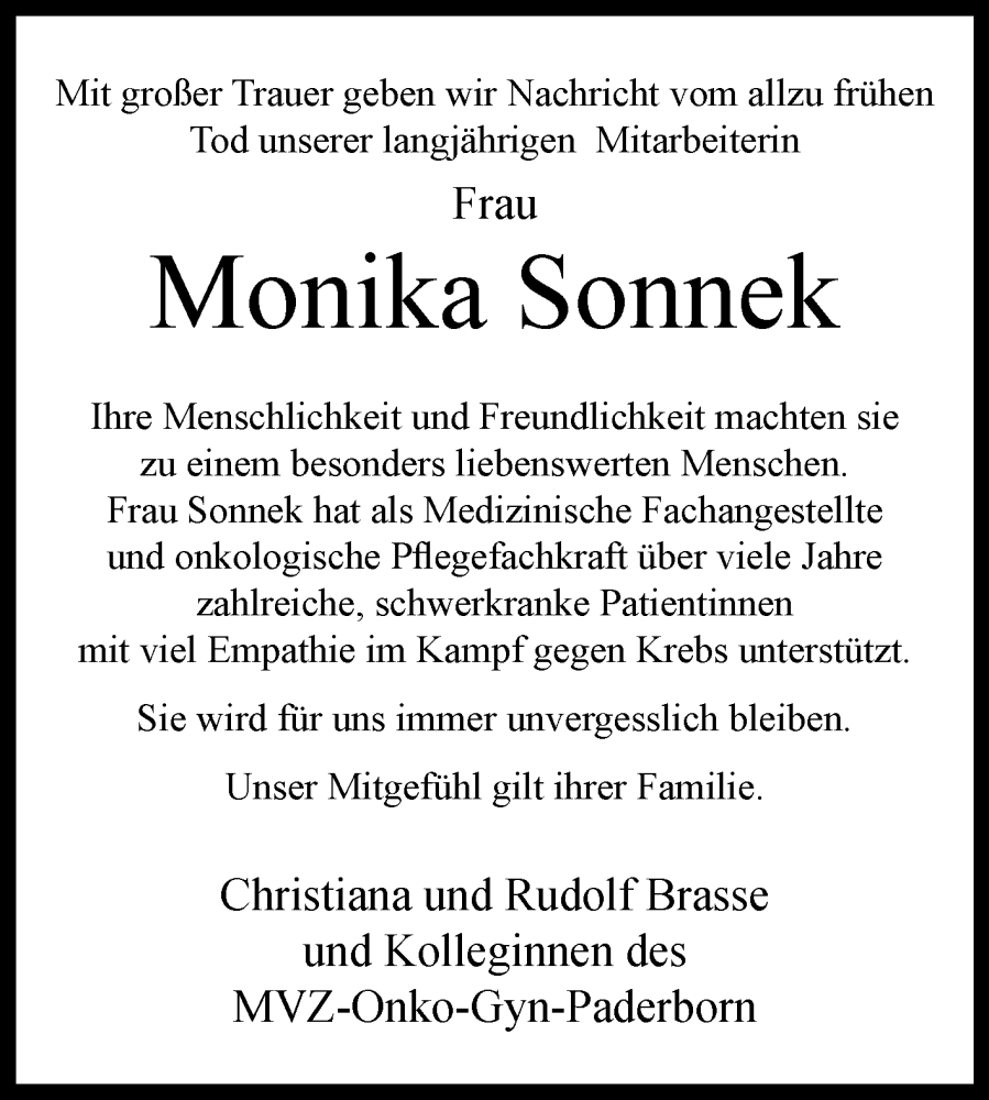  Traueranzeige für Monika Sonnek vom 04.01.2023 aus Westfalen-Blatt