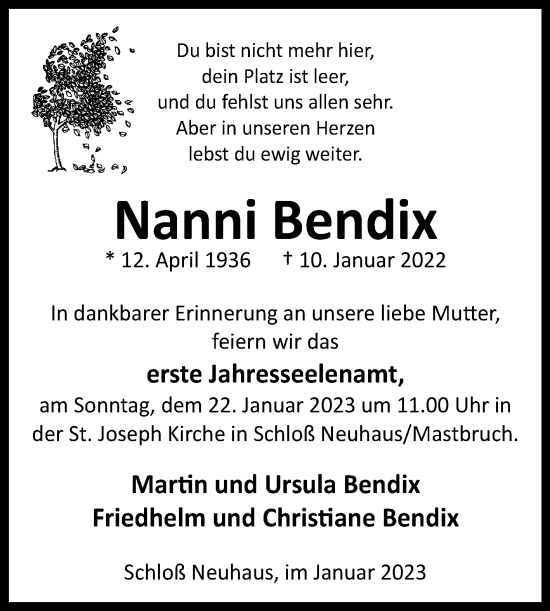 Traueranzeige von Nanni Bendix von Westfalen-Blatt