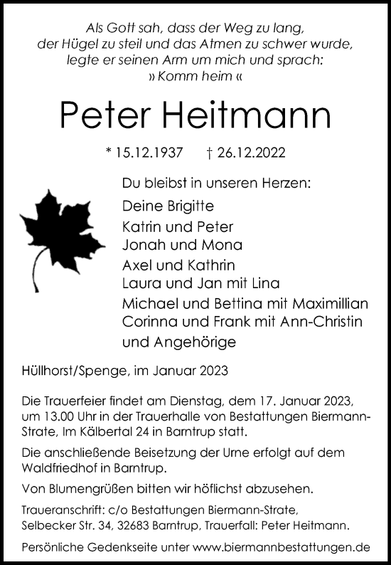 Traueranzeige von Peter Heitmann von Westfalen-Blatt