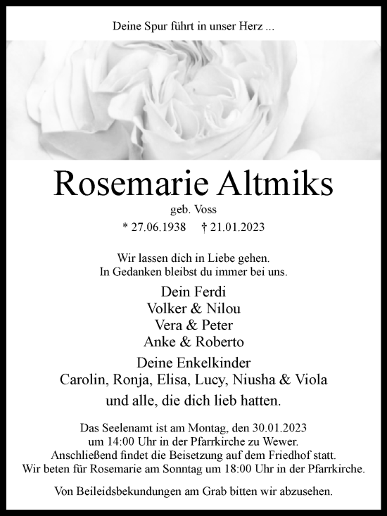 Traueranzeige von Rosemarie Altmiks von Westfalen-Blatt