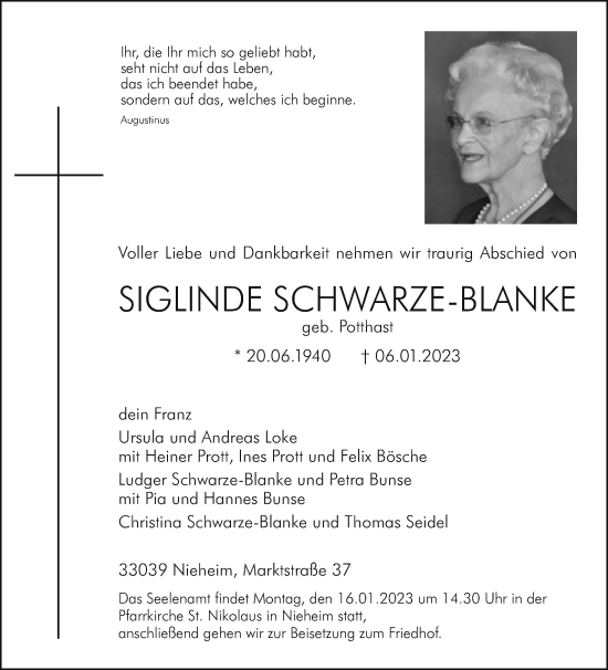 Traueranzeige von Siglinde Schwarze-Blanke von Westfalen-Blatt