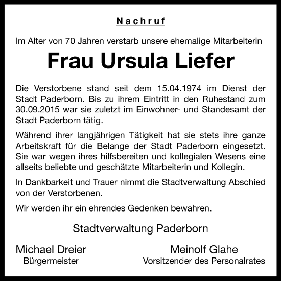 Traueranzeige von Ursula Liefer von Westfalen-Blatt