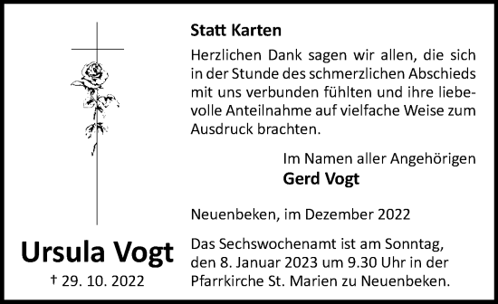 Traueranzeige von Ursula Vogt von Westfalen-Blatt