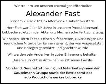 Traueranzeige von Alexander Fast von Westfalen Blatt