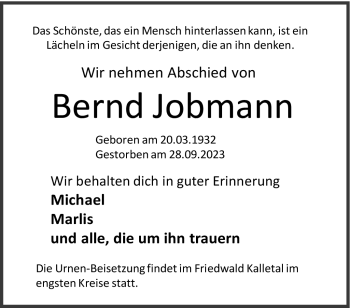 Traueranzeige von Bernd Jobmann von Westfalen Blatt