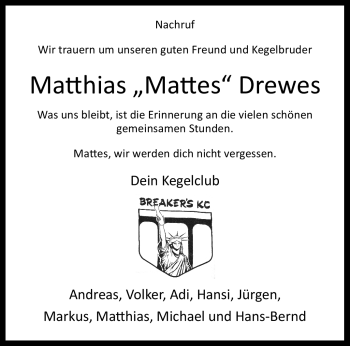 Traueranzeige von Matthias Drewes von Westfalen Blatt