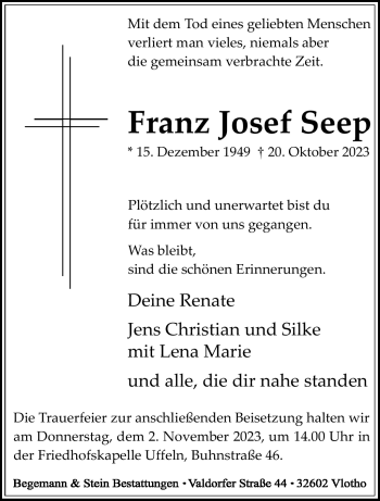 Traueranzeige von Franz Josef Seep von Westfalen Blatt