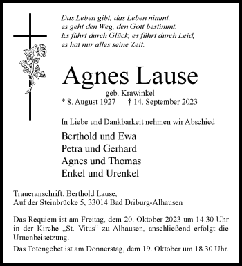 Traueranzeige von Agnes Lause von Westfalen Blatt