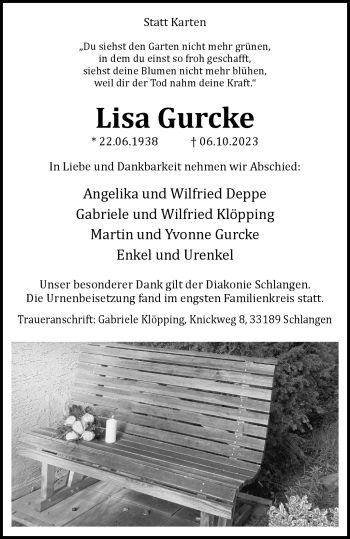 Traueranzeige von Lisa Gurcke von Westfalen Blatt