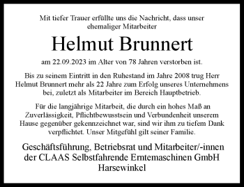 Traueranzeige von Helmut Brunnert von Westfalen Blatt