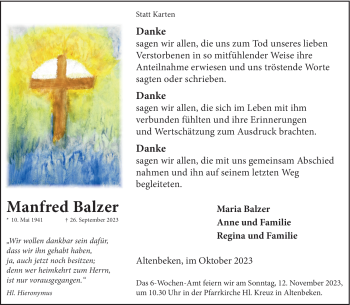 Traueranzeige von Manfred Balzer von Westfalen Blatt